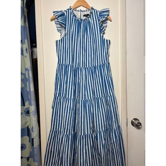 J. Crew Dress Women's Size Medium M Blue White Stripe Tiered cotton dobby midi - Picture 3 of 6